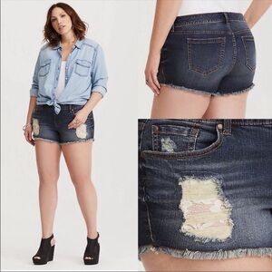 Torrid Distressed‎ Lace Inset Denim Cutoff Shorts Plus Size 14 Summer Beach Boho